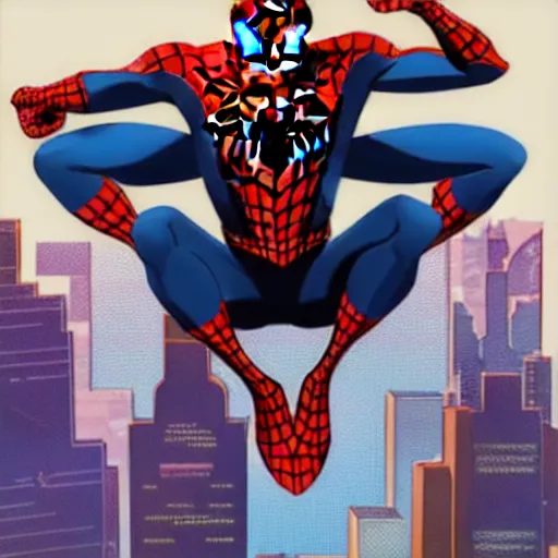 Prompt: illustration of spider man flying over the city, cartoon style Into the Spider-Verse, halftone, high detailed, wide epic angle W 1280