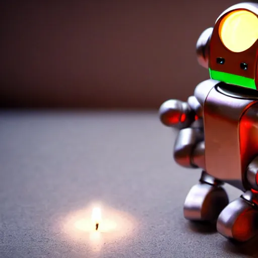 Image similar to a cute little robot, sit on a pin with a lit candle in the background by maxvanzwerg