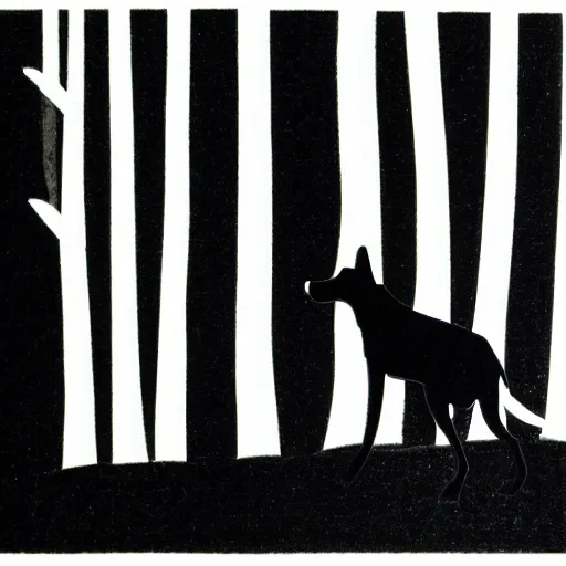 Image similar to minimalist linocut, black and white, greyhound in a forest