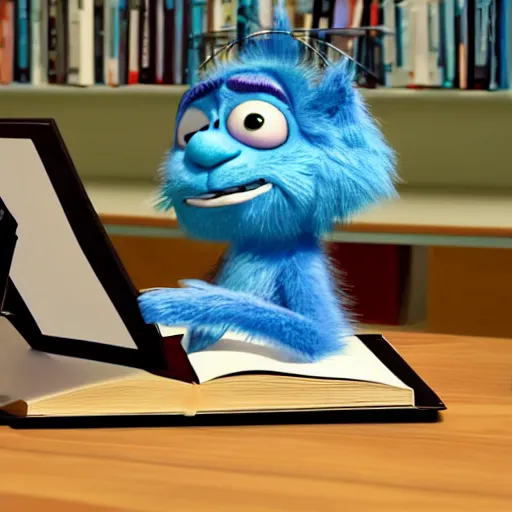 Prompt: a still from a Pixar movie of a cute furry striped blue monster with a glowing antennae, sitting on a desk while thinking how to solve his homework, the foreground has papers, books, and pencils, the background is a library, dramatic contrasting light, by Victor Hugo, octane render, unreal engine, eye detailing