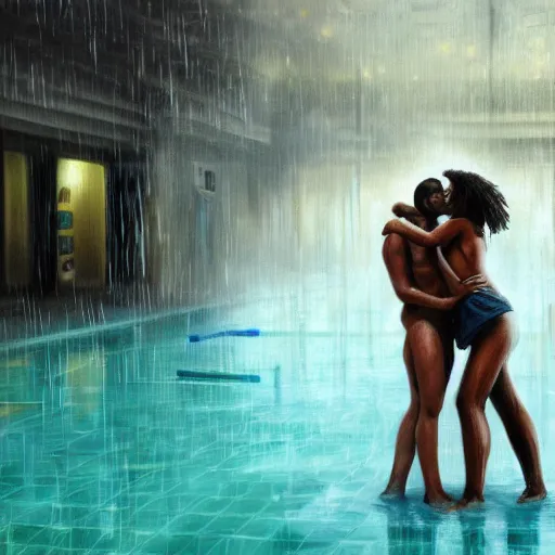 Image similar to interracial couple kissing and hugging in the rain at a pool. digital painting, extremely detailed, 4 k, intricate, brush strokes, mark arian, artgerm, bastien lecouffe - deharme