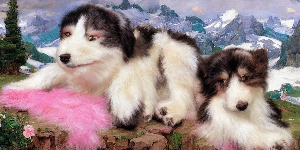 Prompt: 3 d precious moments plush dog with realistic fur and an blue / white / gray / green / pink / tan / mid pink / blue gray color scheme, snowy mountain landscape, master painter and art style of john william waterhouse and caspar david friedrich and philipp otto runge