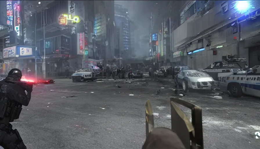 Prompt: 2020 Video Game Screenshot, Anime Neo-tokyo Cyborg bank robbers vs police, Set inside of the Bank, Open Vault, Multiplayer set-piece Ambush, Tactical Squads :9, Police officers under heavy fire, Police Calling for back up, Bullet Holes and Realistic Blood Splatter, :6 Gas Grenades, Riot Shields, Large Caliber Sniper Fire, Chaos, Metal Gear Solid Anime Cyberpunk, Akira Anime Cyberpunk, Anime Bullet VFX, Anime Machine Gun Fire, Violent Action, Sakuga Gunplay, Shootout, :14 Inspired by Escape From Tarkov :6 Inspired by the film Akira :19 , Inspired by Intruder :17 by Katsuhiro Otomo: 19, 🕹️ 😎 🔫 🤖 🚬