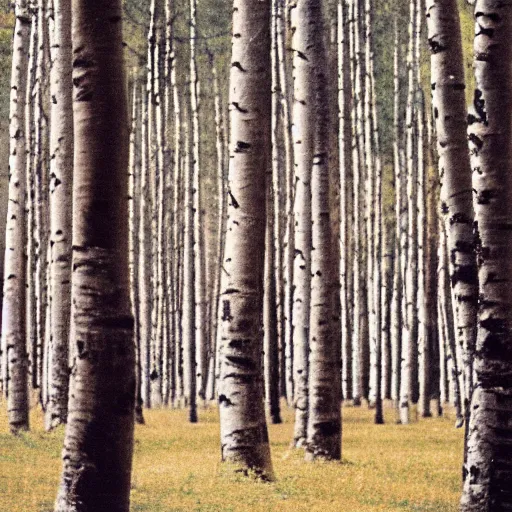 Image similar to photograph of an old man in a birch grove, medium format, shallow depth of field, tarkovsky