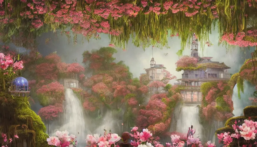 Image similar to James Jean painting of a 35mm film still of a very surreal magical European castle cafe in a lush waterfall garden, falling cherry blossoms pedals, in the style of Gucci and Wes Anderson glowing lights and floating lanterns, foggy atmosphere, rainy, moody, muted colors, magic details, very detailed, 8k, cinematic look