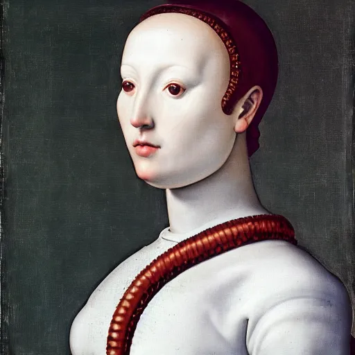 Image similar to a portrait of a female android by agnolo bronzino