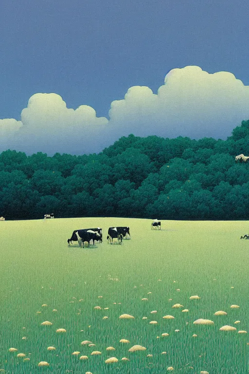 Image similar to a herd of cows in a field of white and cyan flowers, the sky is gray and with clouds by kawase hasui, moebius, edward hopper and james gilleard, zdzislaw beksinski, steven outram colorful flat surreal design, hd, 8 k, artstation