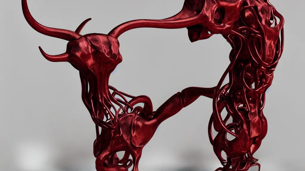 Image similar to stylized shiny polished silver statue full body bizarre extra limbs cosmic horror quadruped animal cow bovine skull four legs made of creature tendrils perfect symmetrical body perfect symmetrical face hyper realistic hyper detailed by johannen voss by michelangelo octane render blender 8 k displayed in pure white studio room anatomical deep red arteries veins flesh
