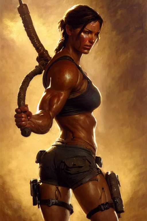 Image similar to muscular sweat lara croft, highly detailed painting by gaston bussiere, craig mullins, j. c. leyendecker 8 k