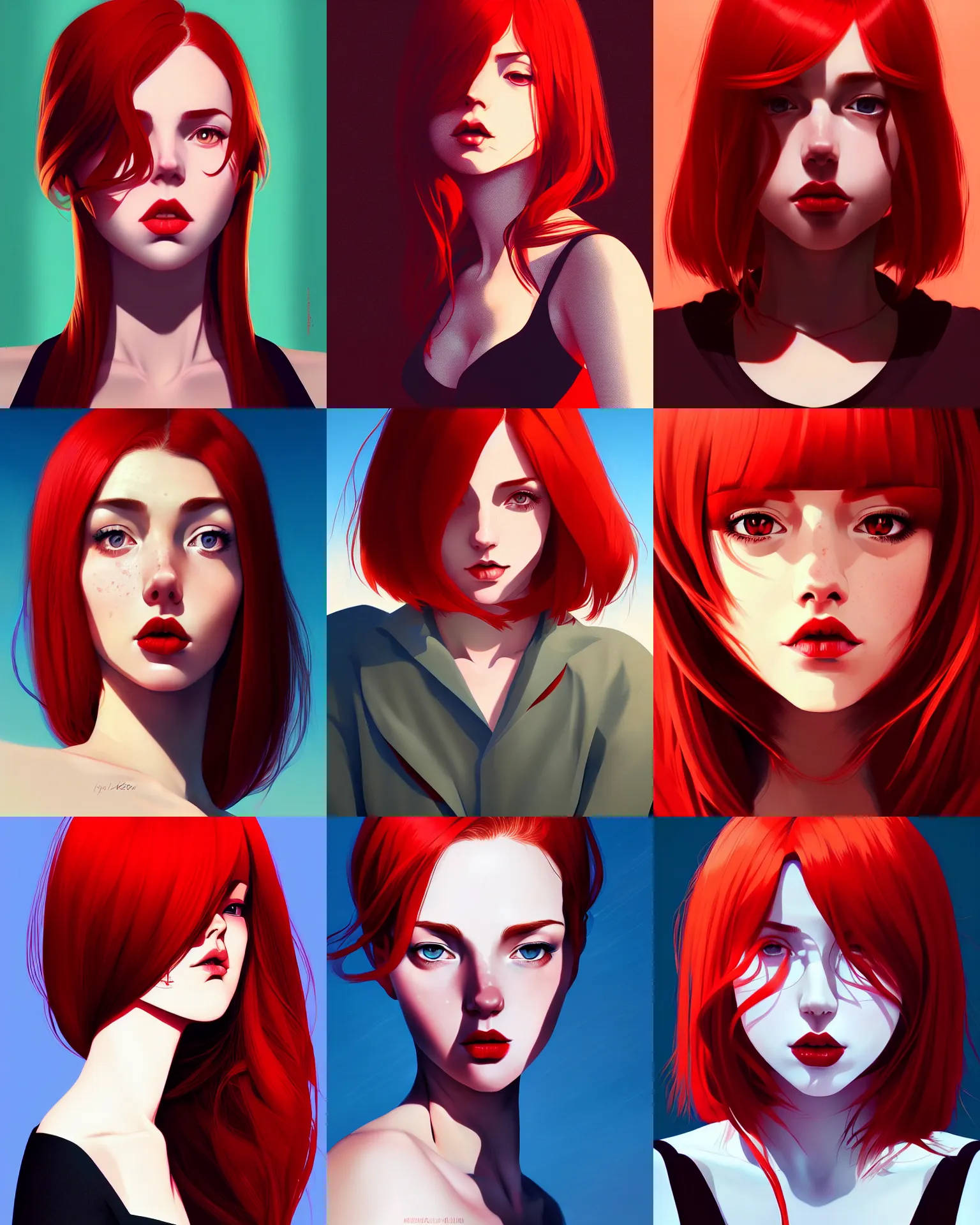 Prompt: a detailed portrait of an alluring woman with red hair and freckles by ilya kuvshinov, digital art, dramatic lighting, dramatic angle