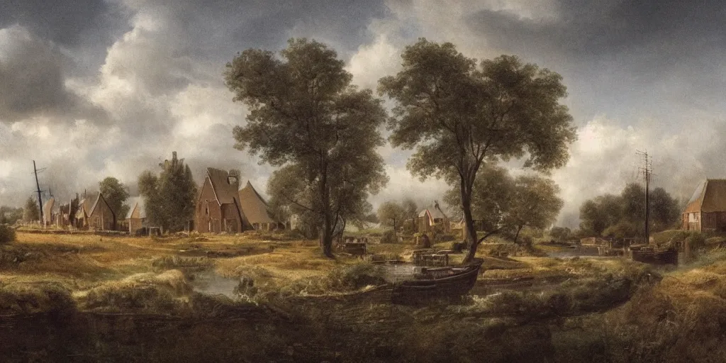 Image similar to a beautiful landscape photo of a dutch village in the Hoeksche Waard, cinematic atmosphere