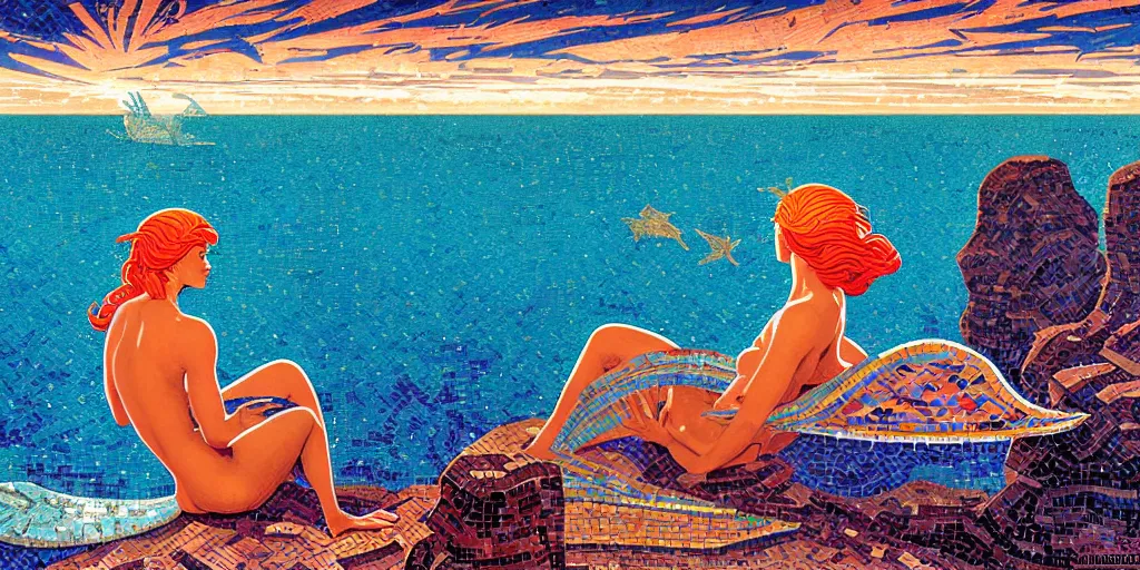 Prompt: ancient roman mosaic of bluehead mermaid on sea horizon, low ceiling, illustration by moebius, rhads, syd mead, dan mumford, clean thick line, comics style