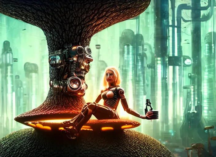 Image similar to photo of an intricate and sophisticated terminator woman with borg enhancements, blonde hair and detailed pretty face sitting on a giant mushroom in a weird magical mechanical forest and drinking a cup of tea. Very detailed 8k. Fantasy cyberpunk horror. Sharp.