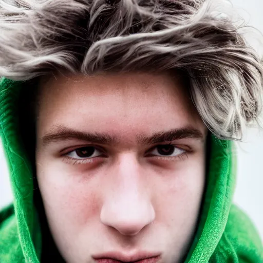 Image similar to close up of face of a 1 8 year old man, with white hair, green eyes, wearing a purple hoodie, lazy, 8 5 mm f / 1. 4