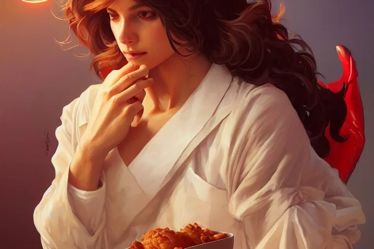 Image similar to kfc chicken, portrait, elegant, intricate, digital painting, artstation, concept art, smooth, sharp focus, illustration, art by artgerm and greg rutkowski and alphonse mucha