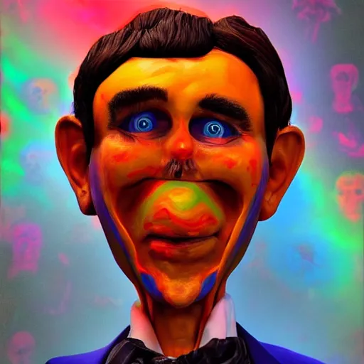 Prompt: the world's richest man is a ventriloquist dummy from hell, psychedelic trip, trending on artstation, photorealism, vibrant colors