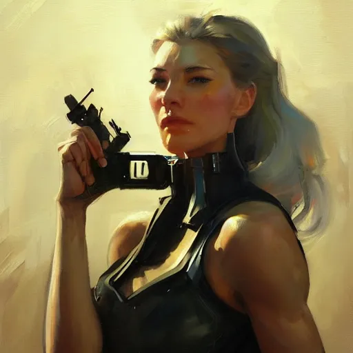 Image similar to Greg Manchess portrait painting of a woman cyborg, medium shot, asymmetrical, profile picture, Organic Painting, sunny day, Matte Painting, bold shapes, hard edges, street art, trending on artstation, by Huang Guangjian and Gil Elvgren and Sachin Teng