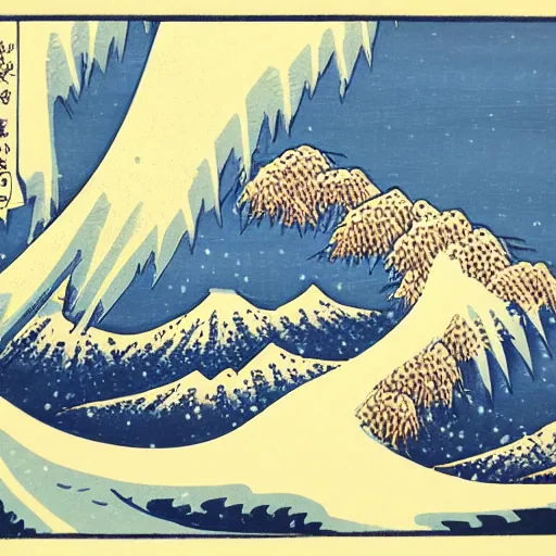 Image similar to man snowboarding snowing woodblock print, style of hokusai winter, fine art, style of kanagawa, painting