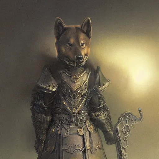 Image similar to bone armor black armor, anthropomorphic shiba inu, shiba inu face, stuning 3 d render, masterpiece, glowing black aura, foggy dark graveyard, by donato giancola and greg rutkowski and wayne barlow and zdzisław beksinski, realistic face