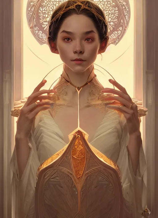 Image similar to symmetry!! portrait of a female sorcerer, dar fantasy, intricate, elegant, highly detailed, my rendition, digital painting, artstation, concept art, smooth, sharp focus, illustration, art by artgerm and greg rutkowski and alphonse mucha and huang guangjian and gil elvgren and sachin teng