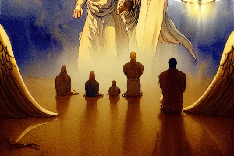 Image similar to a hyperrealist watercolour character concept art portrait of a group of middle eastern men kneeling down in prayer in front of a giant angel on a misty night in the desert. a ufo is in the background. by rebecca guay, michael kaluta, charles vess and jean moebius giraud