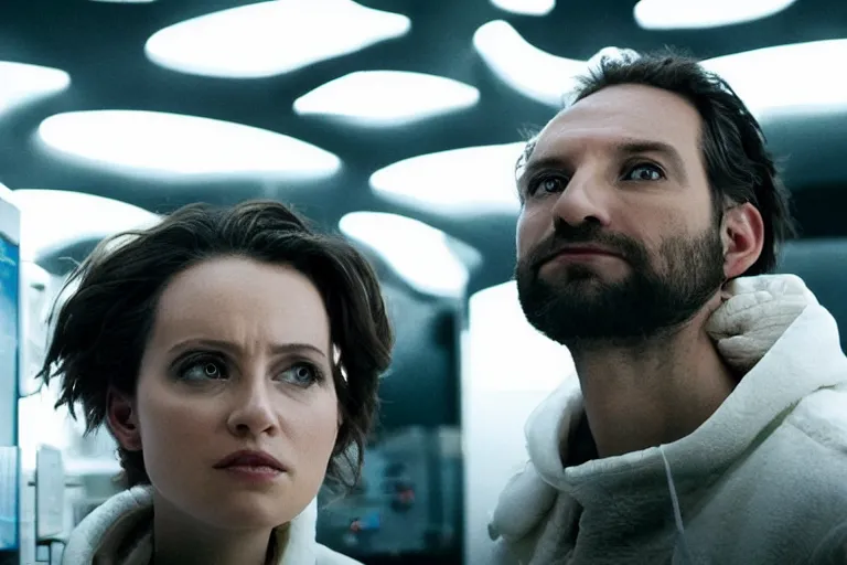 Image similar to movie closeup polar opposites, couple, researchers in a futuristic weapons lab, beautiful skin, Symmetrical faces. Beautiful lighting by Emmanuel Lubezki