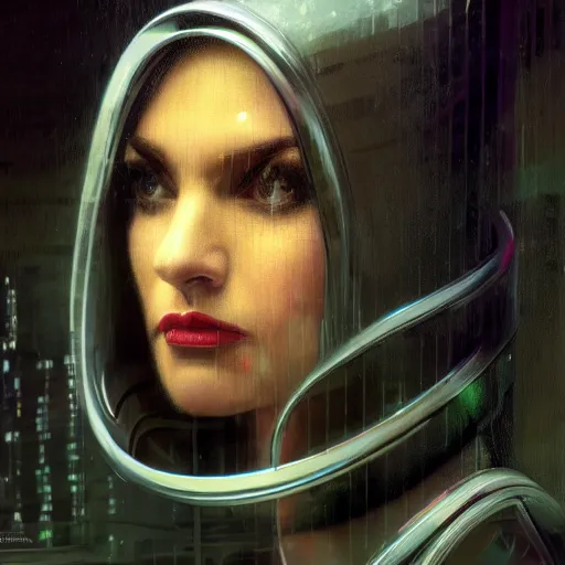 Image similar to detailed face of a woman, moment, cyberpunk cloisters, electronic billboards, tech noir, wet reflections, prism, atmospheric, ambient, pj crook, syd mead, livia prima, greg rutkowski, edward hopper