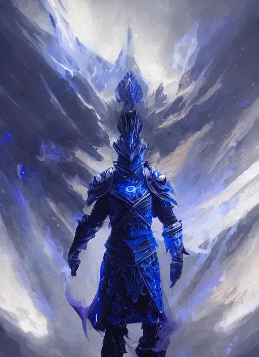 Image similar to kaladin stormblessed in shardplate. a knight in amazing fantasy armor that glows, bursting with blue light, sleek, lightweight but imposing, light glowing from the seams. intricate and ornate. concept art from artstation. beautiful highly detailed fantasy painting by greg rutkowski