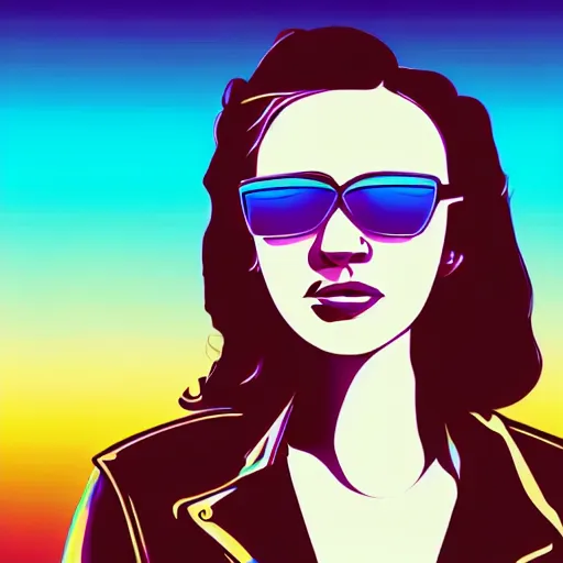 Image similar to a woman with light blue shutter shades in front of a sunset, a dark brown leather jacket, vector art by jan tengnagel, pixabay contest winner, retrofuturism, retrowave, synthwave, outrun, portrait,