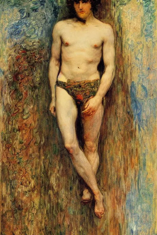 Image similar to attractive male, painting by gustave moreau, j. c. leyendecker, claude monet