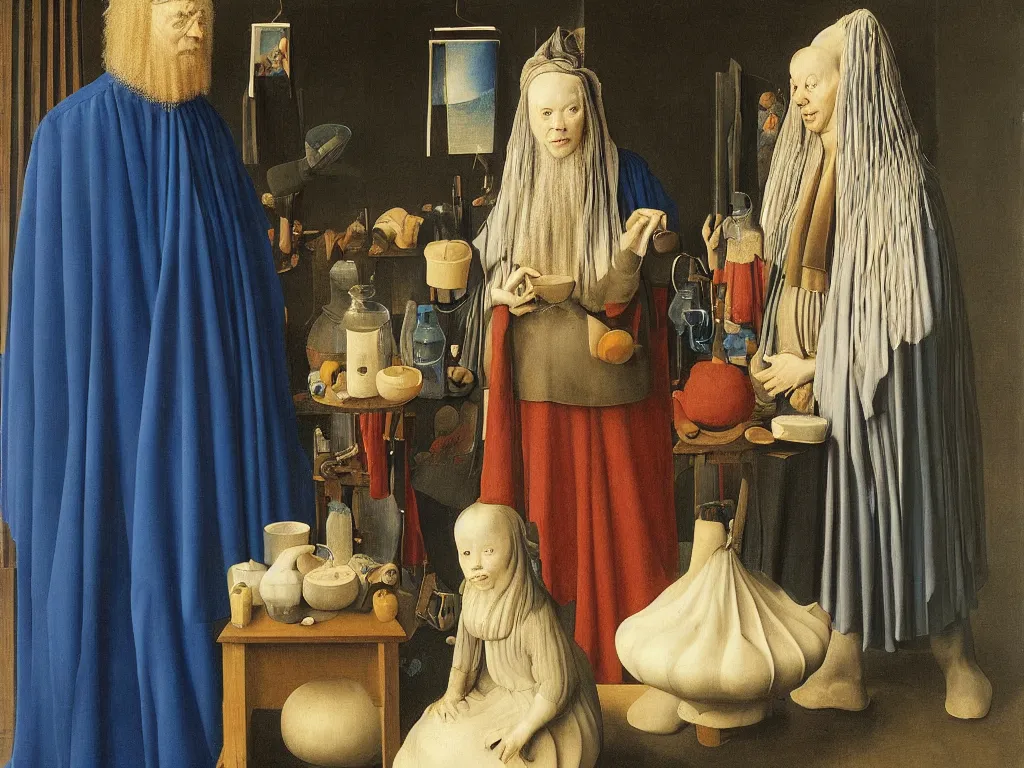 Prompt: Portrait of albino mystic with blue eyes, with pregnant woman and water jug. Painting by Jan van Eyck, Audubon, Rene Magritte, Agnes Pelton, Max Ernst, Walton Ford