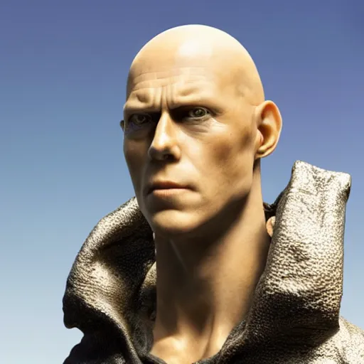 Prompt: photo taken of an epic intricate, ultra detailed, super realistic gritty, wet, lifelike sculpture of saitama from one ounch man with patches of skin created by weta workshop, zoomed in shots, subsurface scattering, photorealistic, sharp focus, white wall coloured workshop, cold colour temperature, f 0. 4, face centred, golden ratio