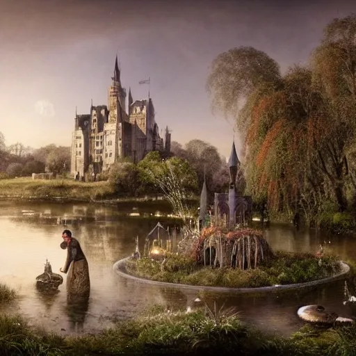 Prompt: Glittering jellyfish are flying over the sparkling pond, behind the flowers on the shore is a gothic castle, and an ice sculpture castle can be seen in the sky by appointment, by Daniel Ridgway Knights and Hugh Kretschmer, light through the mist, dramatic lighting, photorealistic, cinematic lighting, high detail, cinematic feel, high octane, 4K, Unreal Engine, digital render, intricate, ultra realistic, trending on artstation W 1024