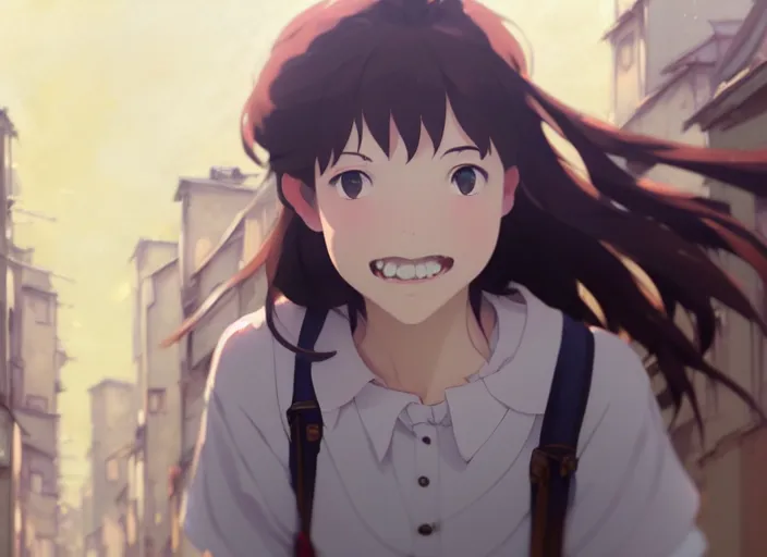 Image similar to a film still portrait of a young woman smiling, finely detailed features, closeup at the faces, perfect art, at a city street, gapmoe yandere grimdark, trending on pixiv fanbox, painted by greg rutkowski makoto shinkai takashi takeuchi studio ghibli, akihiko yoshida