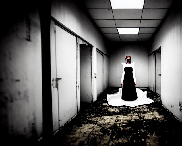 Image similar to creepy woman wearing white dress standing in the backrooms, psychological horror, the eerie forlorn atmosphere of a place that's usually bustling with people but is now abandoned and quiet, buzzing fluorescent lights above the ceiling, unsettling images, liminal space, dark