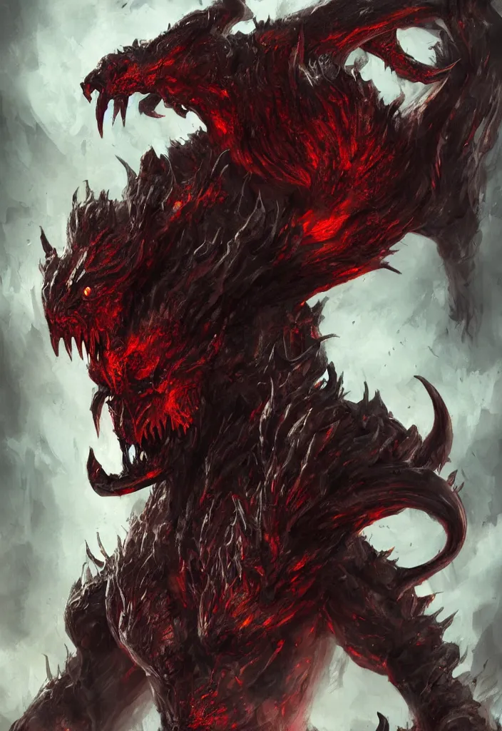 Prompt: a portrait of the predator as a gigantic version of itself as a demon in a fiery hell, eerie, dark, magical, fantasy, trending on artstation, digital art.