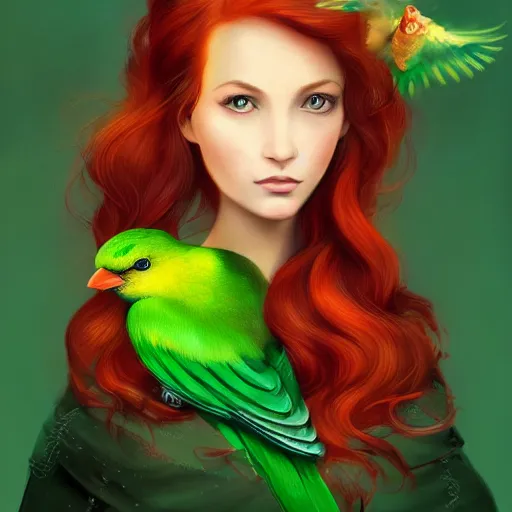 Image similar to a beautiful stunning fantasy whimsical matte digital portrait illustration of a pretty woman with bright green eyes and red hair with her green pet bird, in the style of Ross Tran, trending on artstation, contest winner