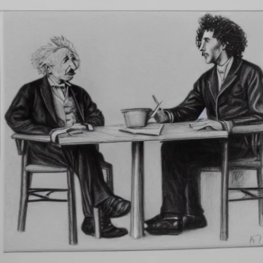 Image similar to Einstein and Tesla sitting at cafe, pencil drawing, ultra detailed