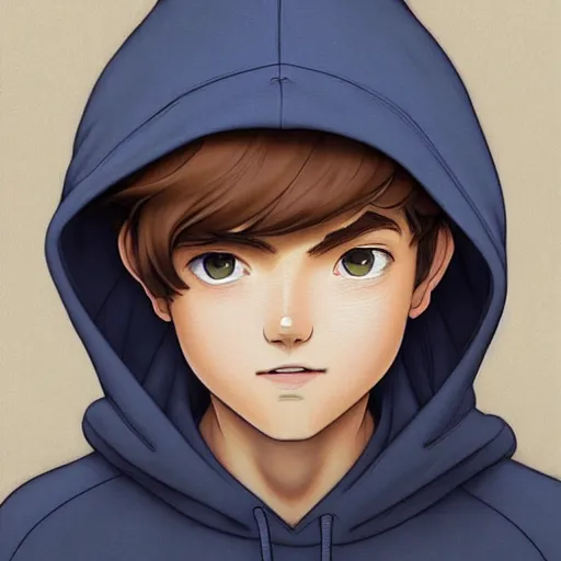 Image similar to teen boy with short brown hair and big blue eyes, wearing a hoodie, path traced, highly detailed, high quality, digital painting, by don bluth and ross tran and studio ghibli and alphonse mucha, artgerm, tankoban, 4 k, fantasy painting, pixar animation style, rossdraws, wlop, sylvain sarrailh