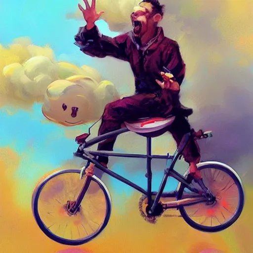 Prompt: A whimsical painting of a happy man flying in the sky on his bicycle in the clouds, expressive oil painting, digital art by Ross Tran