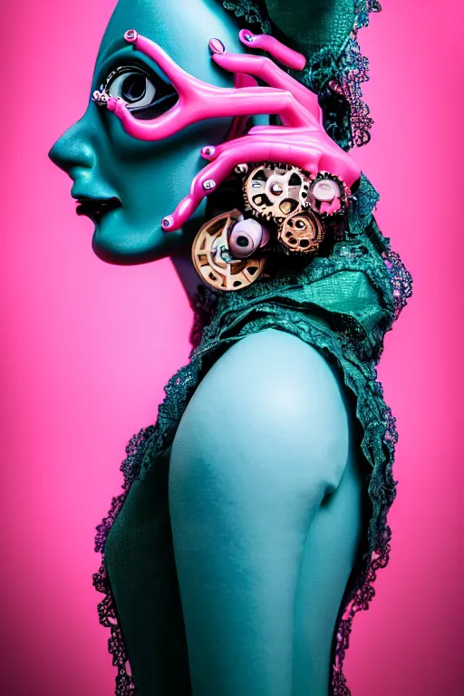 Prompt: hyperrealistic very detailed profile of rococo woman with pink eyes and mechanical mouth tjalf sparnaay very dramatic dark teal lighting wide angle 35mm shallow depth of field 8k