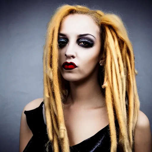 Image similar to modeling headshot photography flawless young beautiful gothic female with blonde and red dreadlocks in a black ballgown, dark, piercing clear eyes, symmetrical golden ration exotic stoic expression, photorealistic, highly detailed, mysterious lighting, smooth, sharp focus, 8 0 mm camera