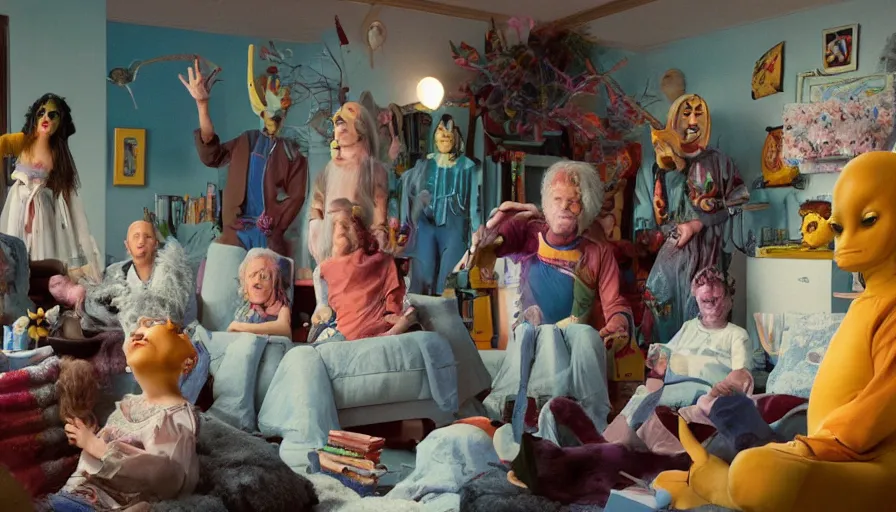 Prompt: movie still by alejandro jodorowsky of a beautiful day in a family living room in suburban usa, visible magic energy, dream creature costumes, floating planets, talking animals, glowing parade float, cinestill 8 0 0 t eastmancolor technicolor, high quality, very detailed, heavy grain, fine facial features, 8 k, octane render