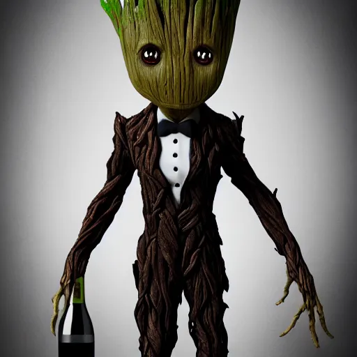 Prompt: realistic groot as a gentleman wearing tuxedo drinking wine on a studio shot, digital art, trending on artstation, behance, octane, intricate, ornate, photorealistic, hyper realism, high detail, movie shot, studio lighting, 8 k, vivid colors, smooth gradients, cinematic