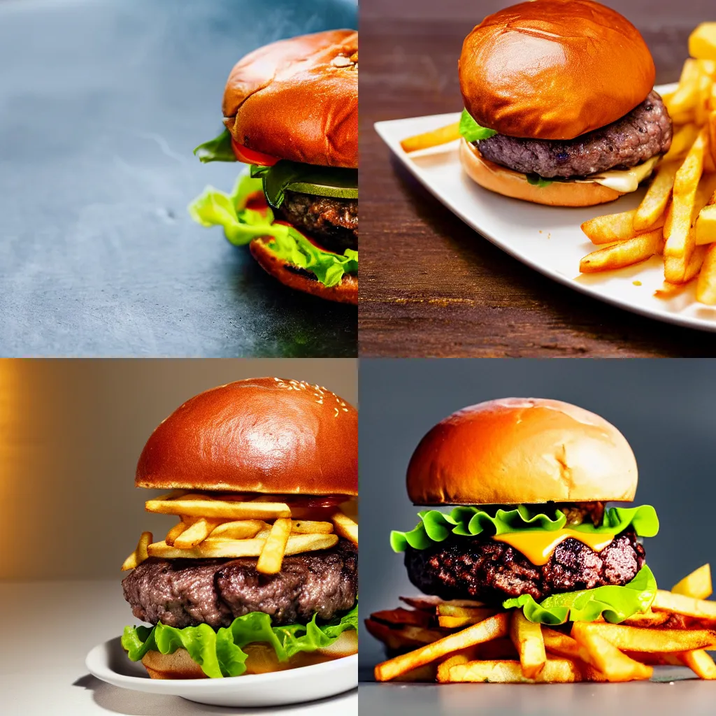 Prompt: A delicious juicy burger with fries, Michelin Star, food photography, warm lighting