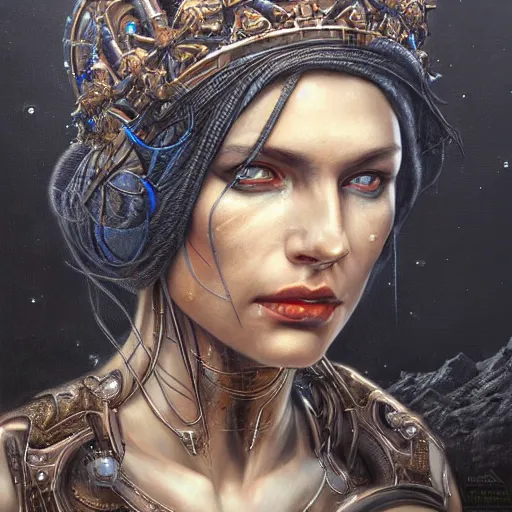 Image similar to A detailed portrait of a cyberpunk queen with machine crown by tomasz alen kopera, trending on artstation,