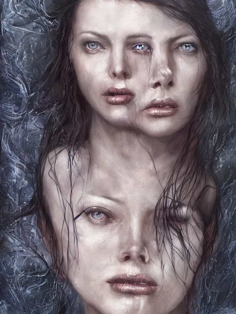 Prompt: hyper realistic digital sensual painting a beautiful young sexy woman who looks like a mix of charlize theron and milla jovovich portrait, in the style of H R Giger, LI by HR Giger, painting by Anna Dittman and Ayami Kojima, wlop, perfect skin, perfect face, one face, full face shot, gorgeous, symmetrical face, symmetrical body, artgerm, long flowing blue hair, realistic, photorealistic, editorial photograph, DnD portrait, Magic the Gathering, detailed, intricate, focused, muted colors, trending on artstation