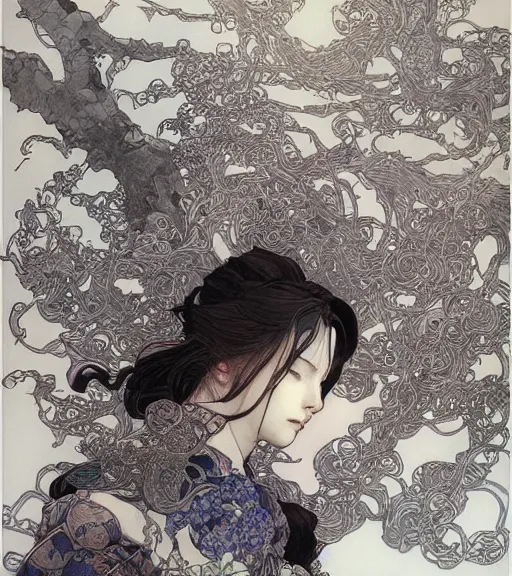 Image similar to yoshitaka amano anime painting, intricate line drawings, pen and ink, alphonse mucha, claire wendling, kentaro miura, ruan jia