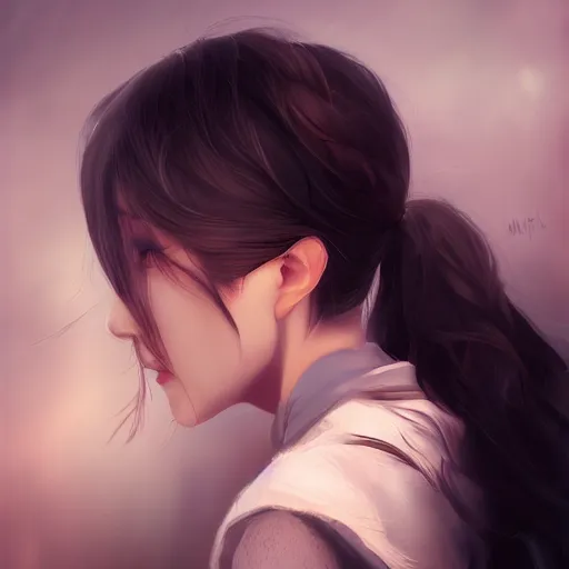 Prompt: a beautiful girl by wlop, black ponytail, closeup headshot, full body, 8 k, closeup, high detailed, smooth, trending on artstation, digital illustration.