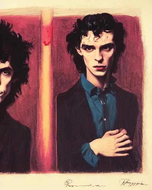 Image similar to two handsome but sinister young men wearing oxford shirts in layers of fear, with haunted eyes and wild hair, 1 9 7 0 s, seventies, wallpaper, a lot of blood, moonlight showing injuries, delicate embellishments, painterly, offset printing technique, by brom, robert henri, walter popp